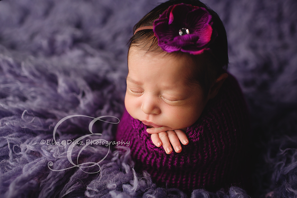 Elvie-Diaz-Photography-Chicago-NewbornPhotographer-girl-purple-beautiful-beanbag-pose-sack
