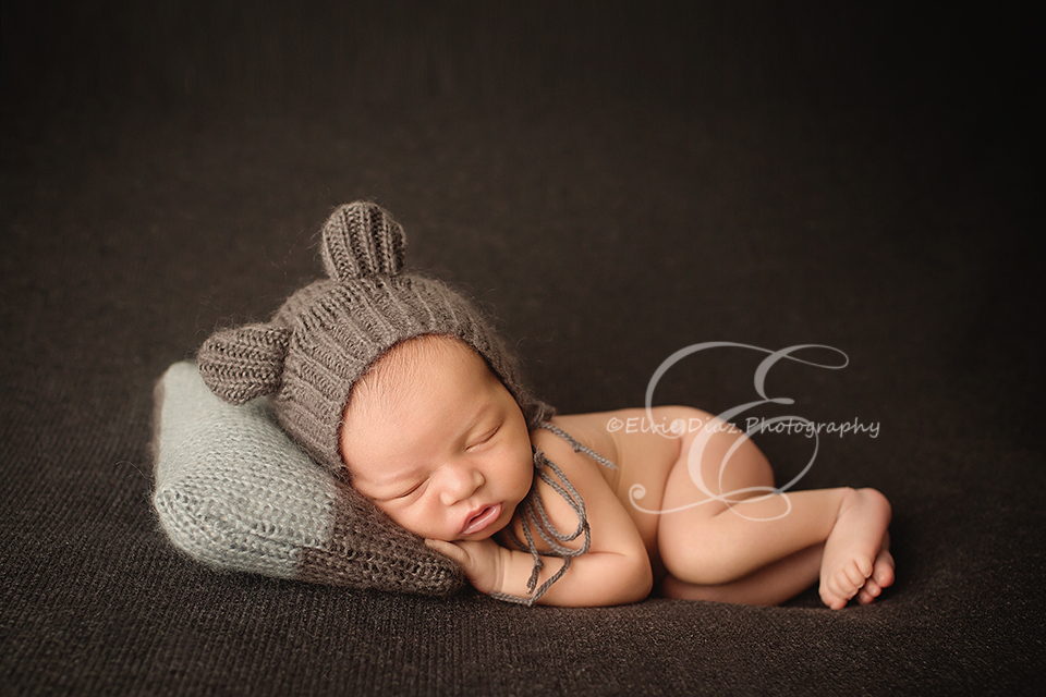 chicago-newborn-photographer-elvie-baby-boy-child-grey-side-pose-bear-adorable-pillow-a-mothers-love